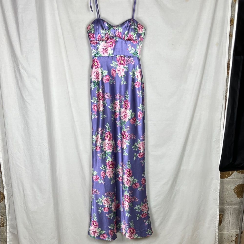 Pear Culture Reversible Purple and Floral Satin Maxi Dress